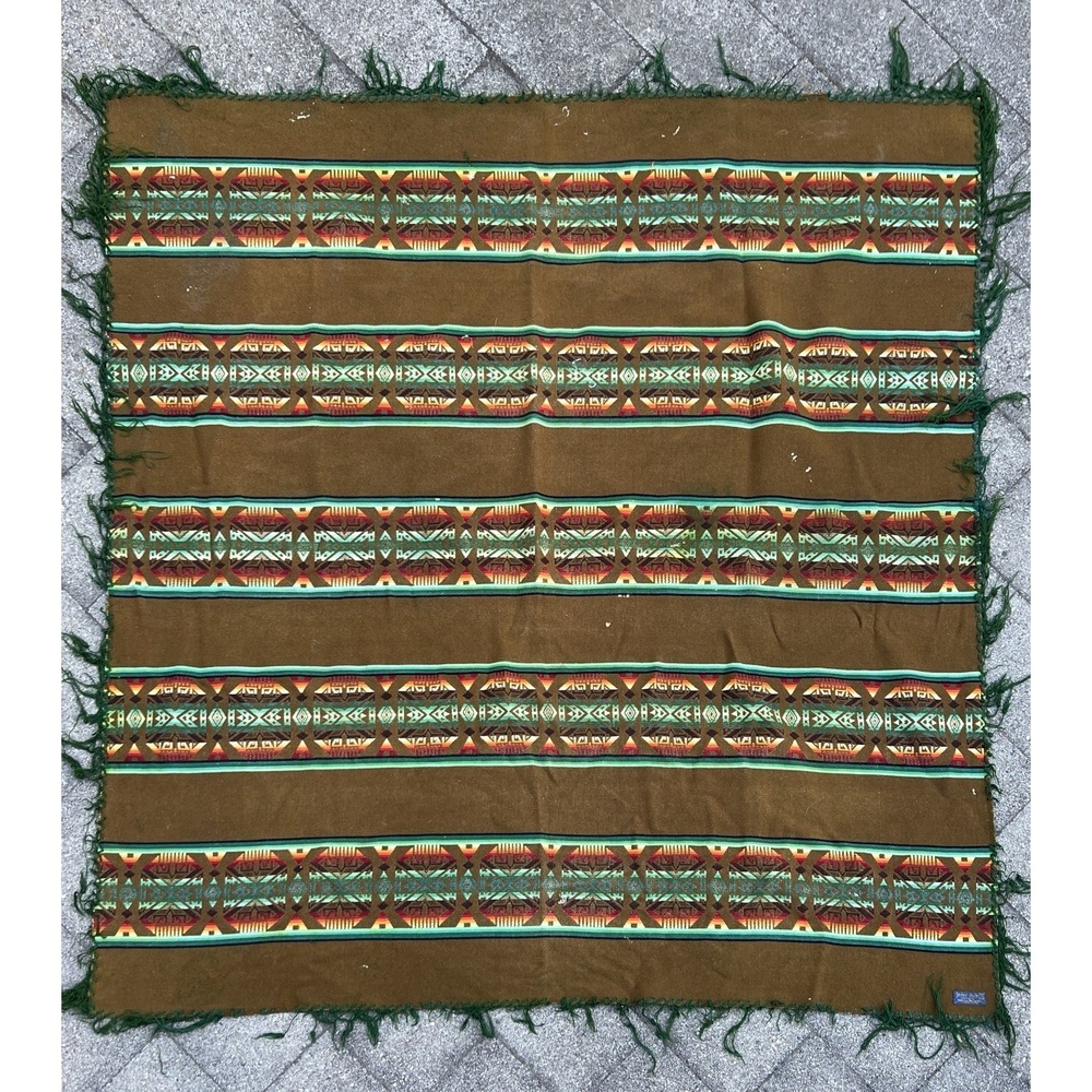 Vintage Pendleton Wool Beaver State Aztec Blanket Throw Shawl Brown Green 60x66